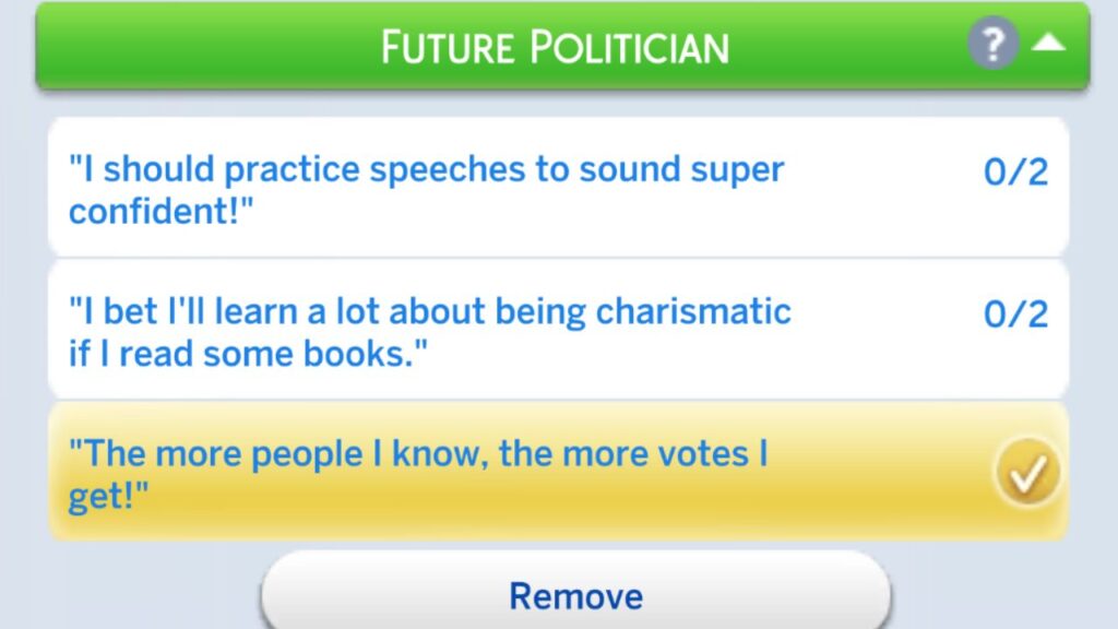 A screenshot from The Sims 4 showing the future politician formative moment tasks