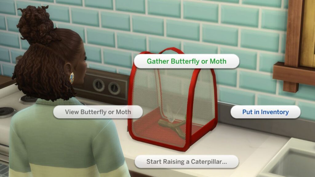 A screenshot from The Sims 4 showing the option to gather moth or butterfly from an incubator 