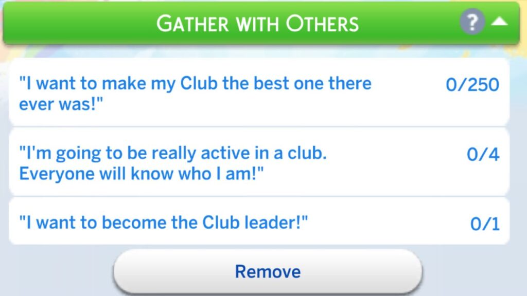 A screenshot from The Sims 4 showing the Gather With Others formative moment