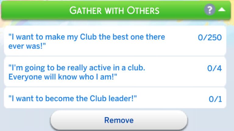 A screenshot from The Sims 4 showing the Gather With Others formative moment