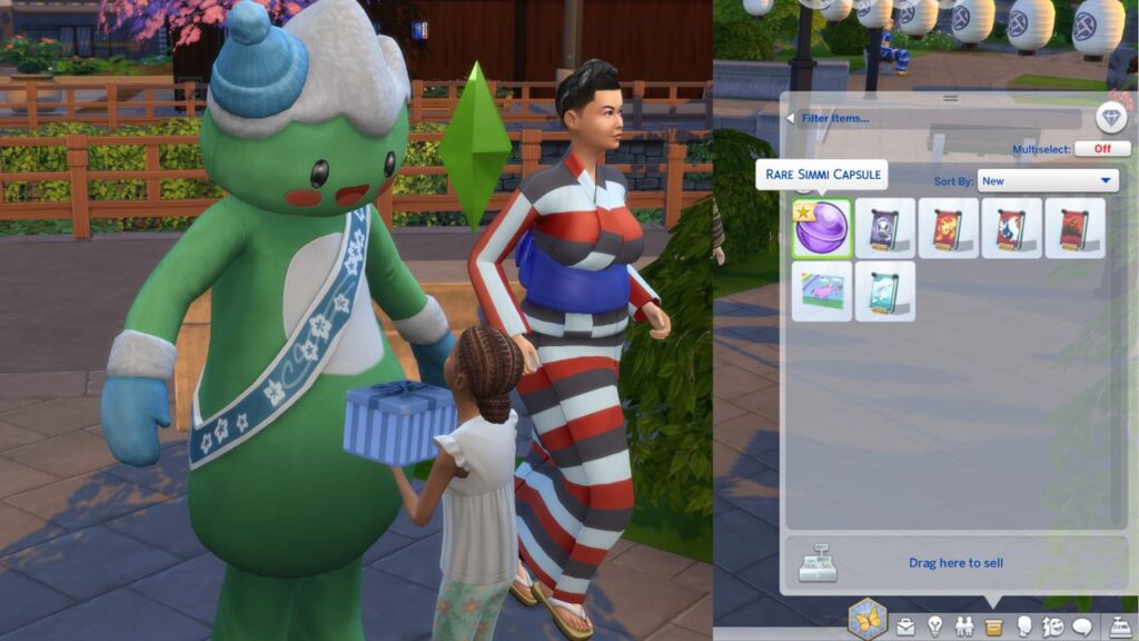 A Screenshot from The Sims 4 showing Yamachan giving you a capsule