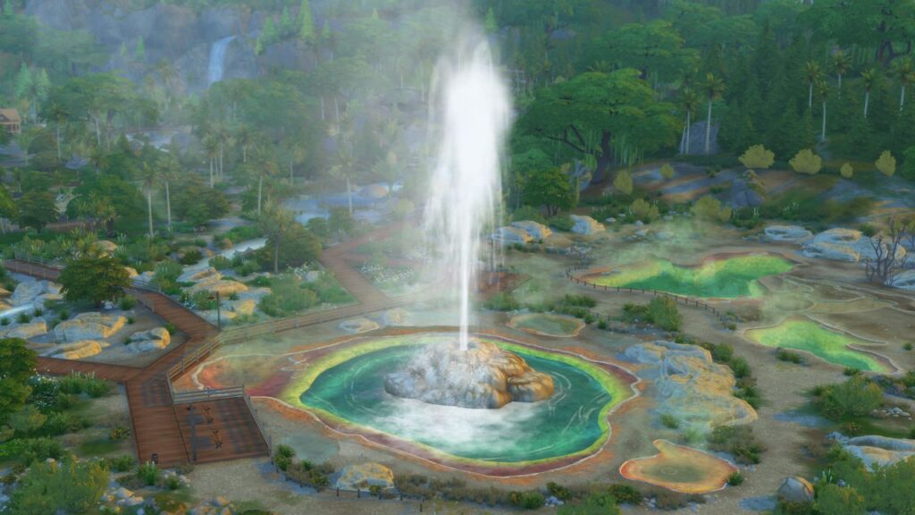A screenshot from The Sims 4 showing the Geyser blowing up water 