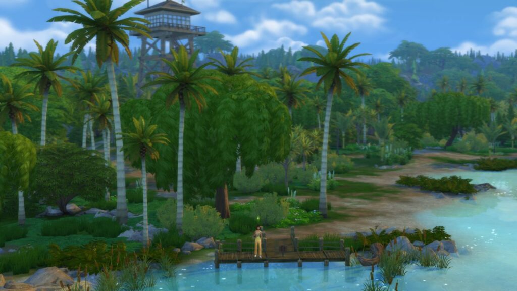 A screenshot from The Sims 4 showing a sim fishing at a dock at the edge of a lake by a forest