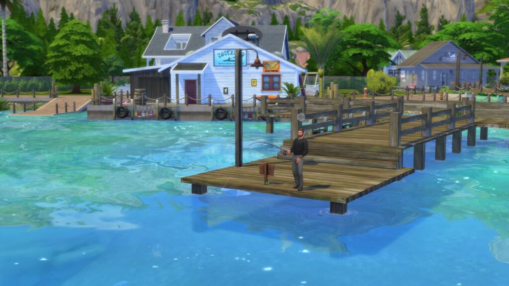 A screenshot from The Sims 4 showing a sim fishing at the end of a dock with two buildings in the background