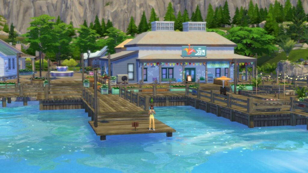 A screenshot from The Sims 4 showing a sim fishing at the end of a doc in front of a paper store