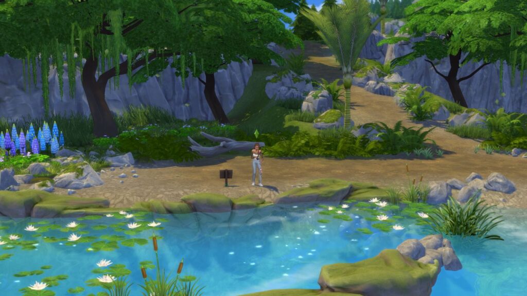 A screenshot from The Sims 4 showing a sim fishing at the bottom of a hill surrounded by rocks and flowers