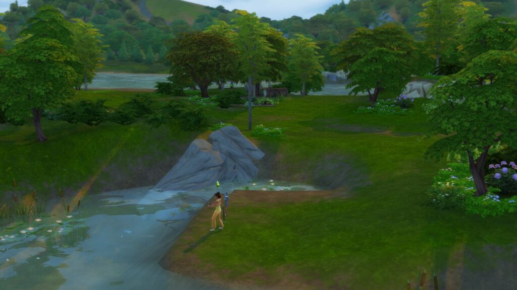 A screenshot from The Sims 4 showing a sim fishing with the Peculiar Plumbird's lair in the background