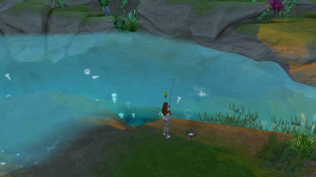 A screenshot from The Sims 4 showing a sim fishing inside of a lake filled with Jellyfish