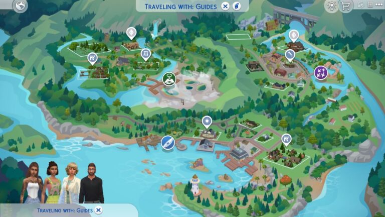 A screenshot from The Sims 4 showing the map of Gibbi Point