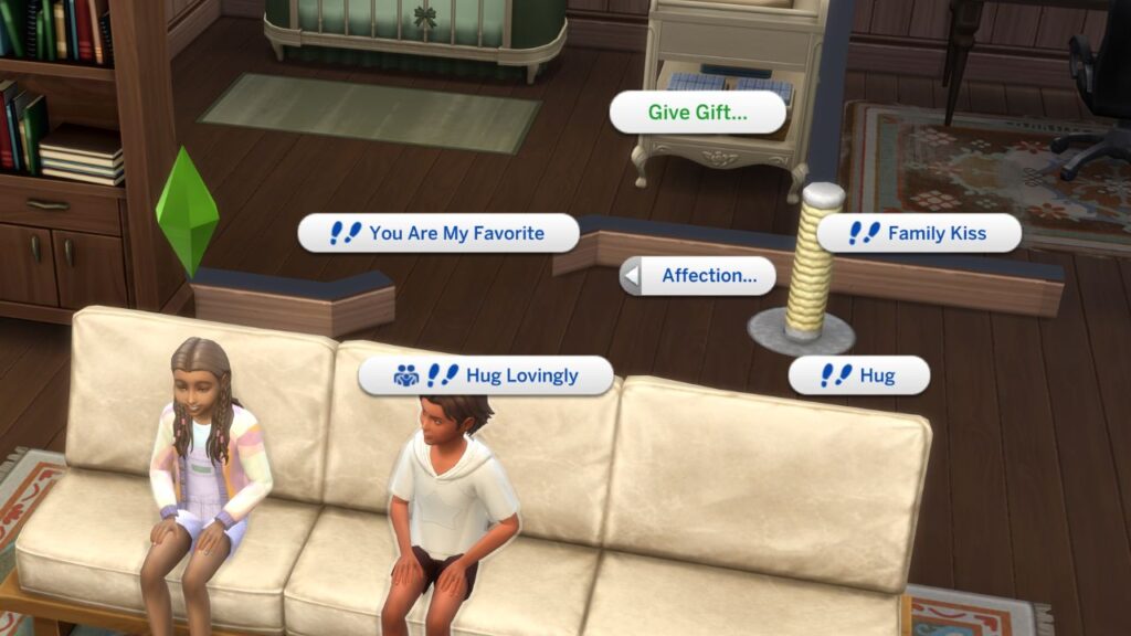 A screenshot from The Sims 4 showing two kids sitting on a couch with the social menu open and give gift showing