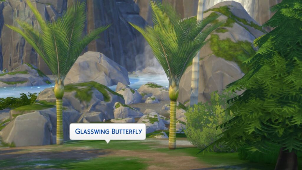 A screenshot from The Sims 4 showing the location to find a glasswing butterfly 