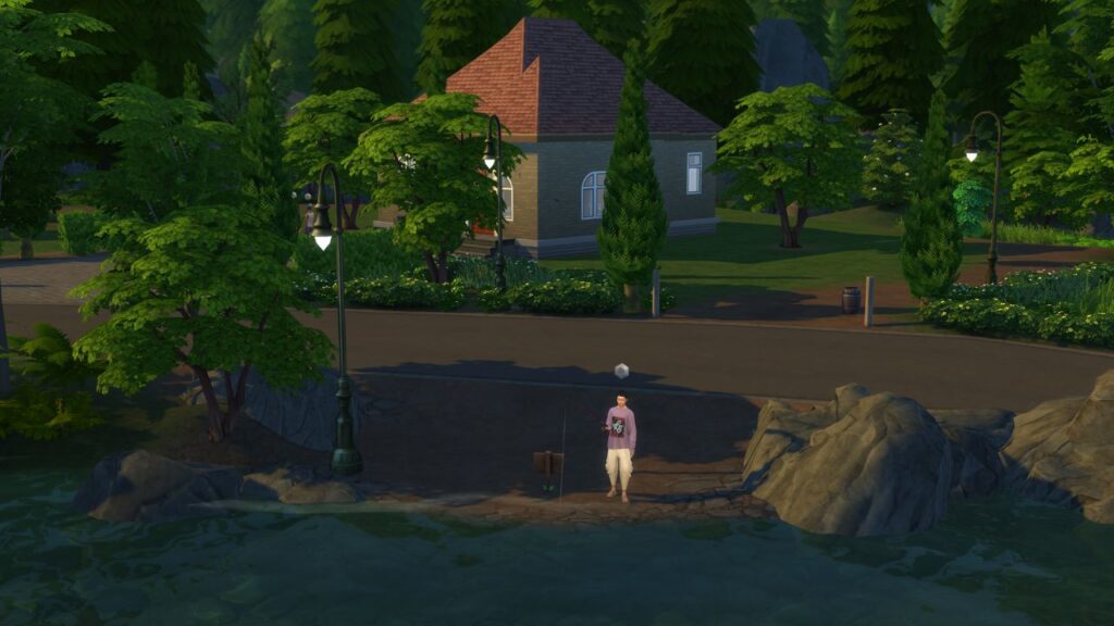 A screenshot from The Sims 4 showing a fishing spot in Glimmerbrook by a house