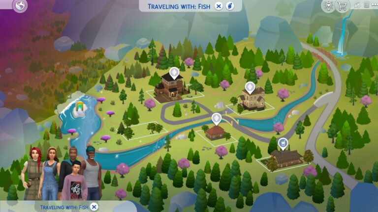 A screenshot from The Sims 4 showing the map of Glimmerbrook