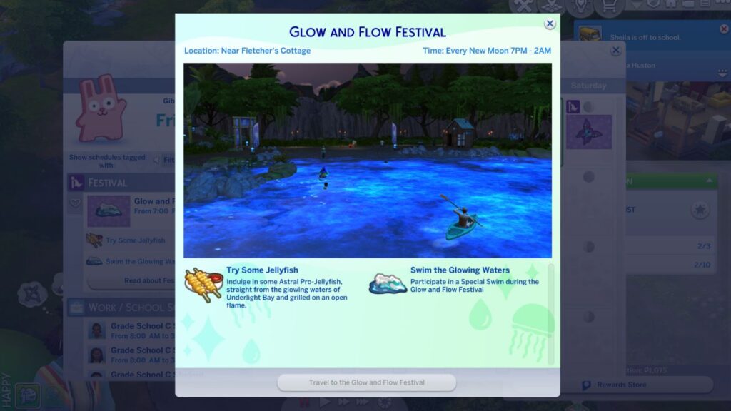 A screenshot from The Sims 4 showing the glow and flow festival information