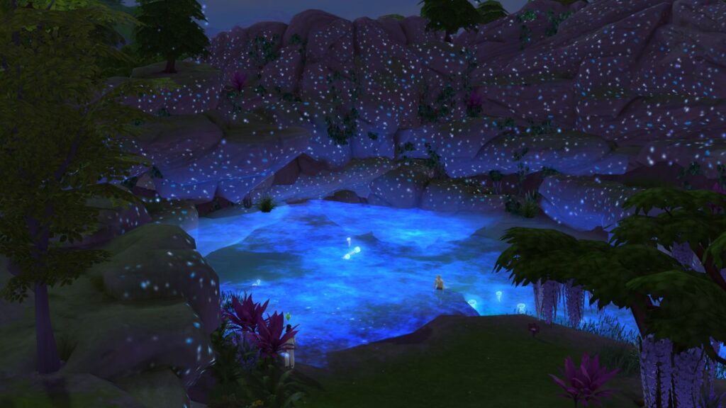A screenshot from The Sims 4 showing the electric lagoon lit up 
