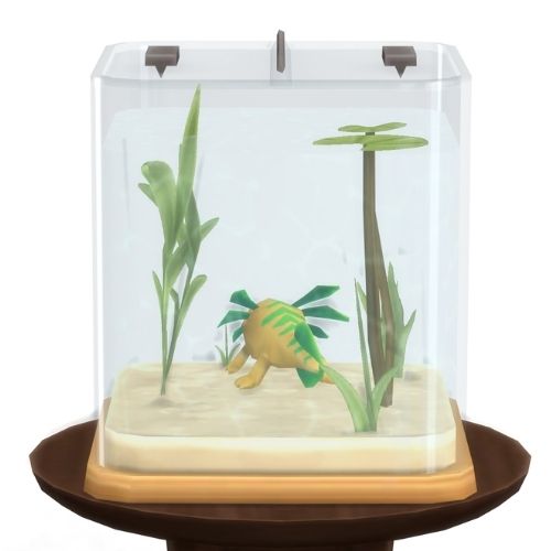 A screenshot from The Sims 4 showing a brown circle table with an axolotl habitat on top. Inside is a gold fluorescent axolotl 