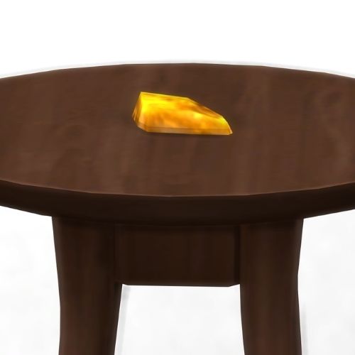 A screenshot from The Sims 4 showing a brown wooden table with gold on top