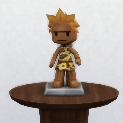 A screenshot from The Sims 4 with a small, circular brown table. On top is a MySims Trophy named Gonk