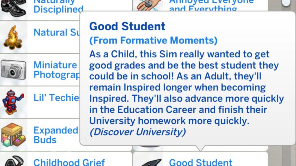 A screenshot from The Sims 4 showing the good student formative moment reward trait