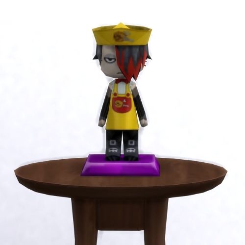 A screenshot from The Sims 4 with a small, circular brown table. On top is a MySims Trophy named Goth Both