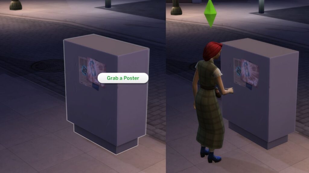 A screenshot from The Sims 4 showing how to get a city poster off an electric box