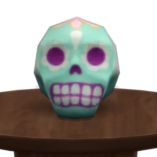 A screenshot from The Sims 4 showing a brown circle table with a teal and purple skull on top