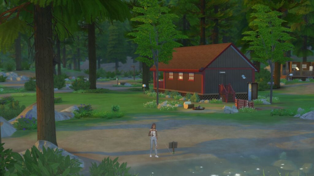 A screenshot from The Sims 4 showing a sim fishing in the forest behind a small house
