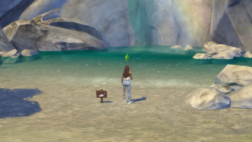 A screenshot from The Sims 4 showing a sim fishing in a small pond by a water fall