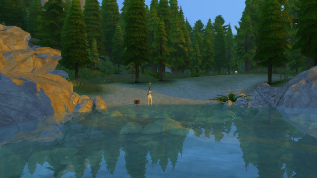 A screenshot from The Sims 4 showing a sim fishing in a forest