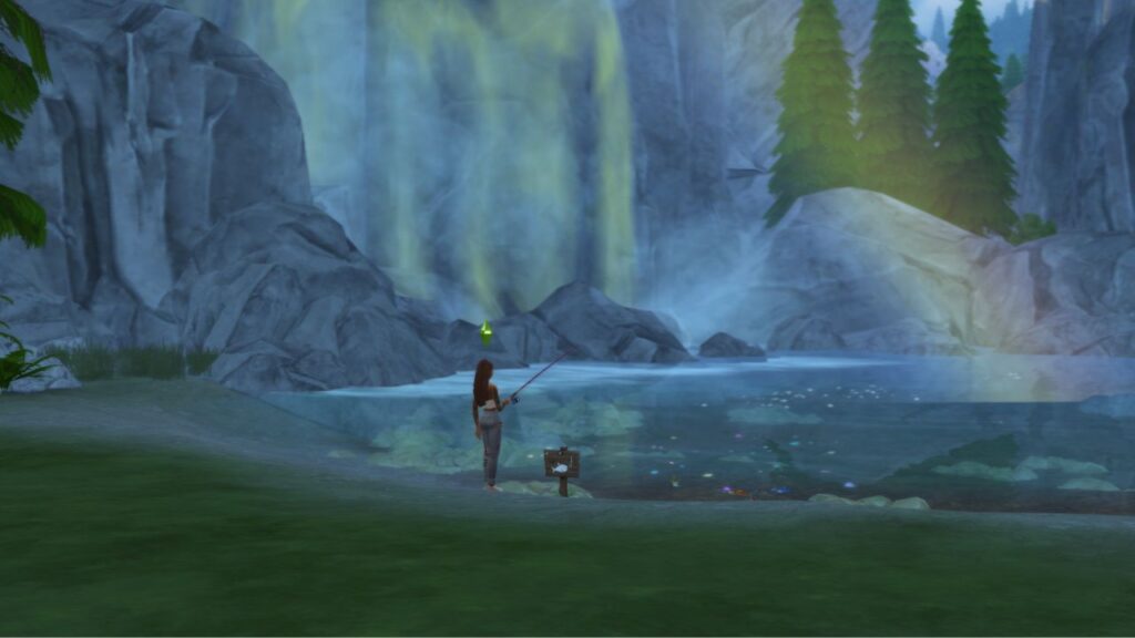 A screenshot from The Sims 4 showing a sim fishing by a waterfall