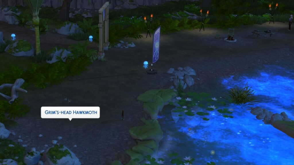 A screenshot from The Sims 4 showing the location of the Grim's Head Hawkmoth