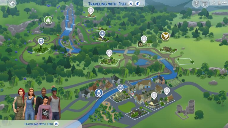 A screenshot from The Sims 4 showing the map of Henford-On-Bagley