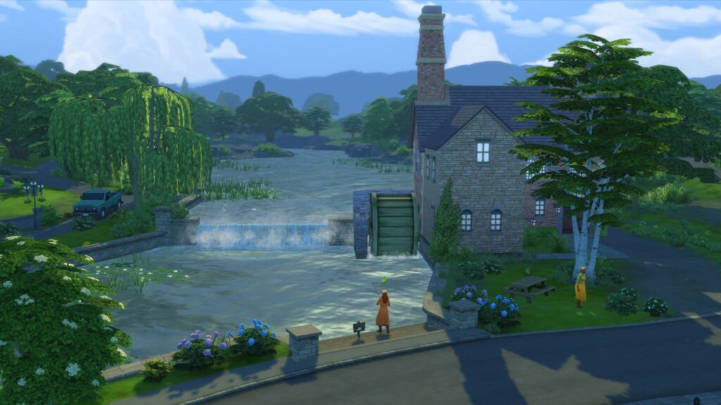 A screenshot from The Sims 4 showing a fishing spot next to a water mill in Finchwick