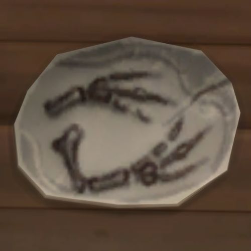A screenshot from The Sims 4 showing a rock on the ground. On the rock is an image of two arm bones