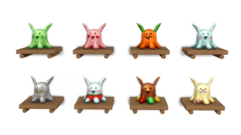 A screenshot from The Sims 4 showing the holiday cracker plushie collection on shelves