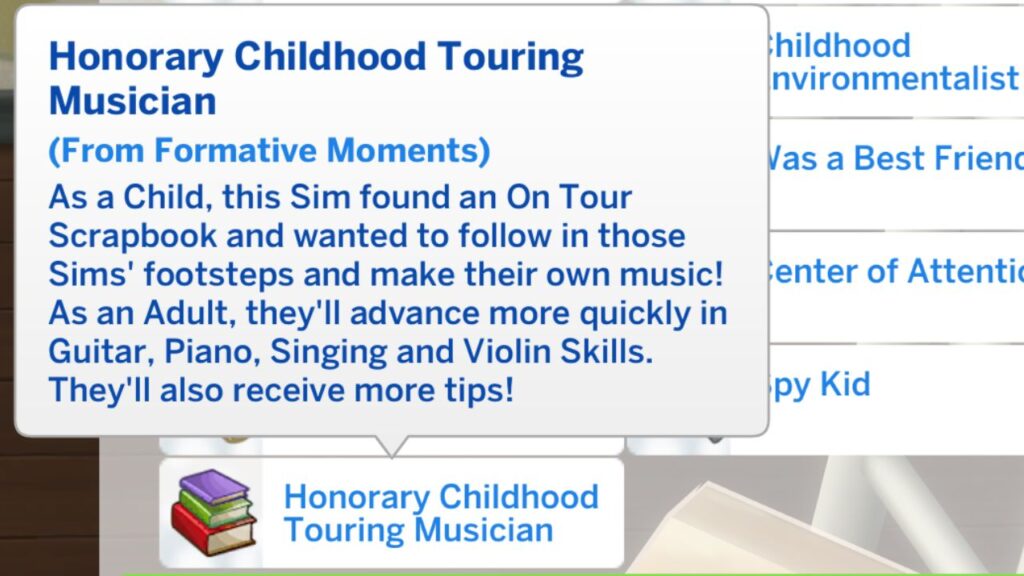 A screenshot from The Sims 4 showing the honorary childhood touring musician trait from formative moments