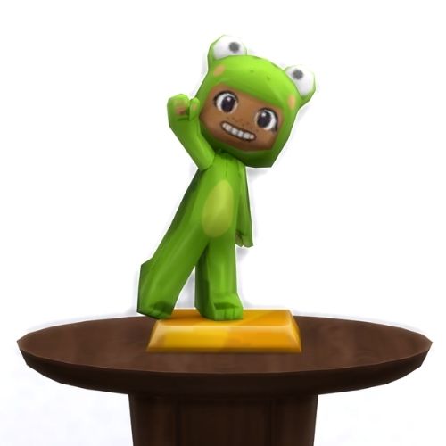 A screenshot from The Sims 4 with a small, circular brown table. On top is a MySims Trophy named Hopper