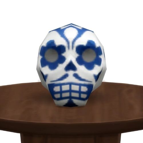 A screenshot from The Sims 4 showing a brown circle table with a blue and white skull on top