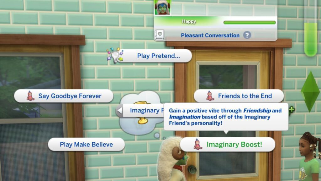 A screenshot from The Sims 4 showing the Imaginary Boost! interaction 
