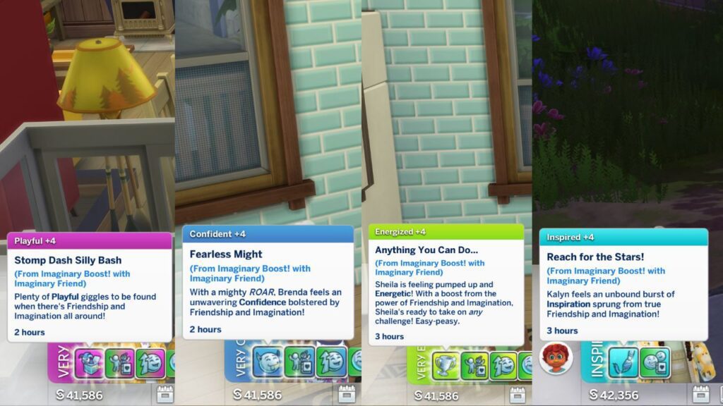 A screenshot from The Sims 4 showing the moodlets sims get from the imaginary boost with an imaginary friend 