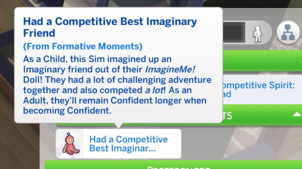 A screenshot from The Sims 4 showing the trait you get when finishing the sims 4 best imaginary friend formative moment 