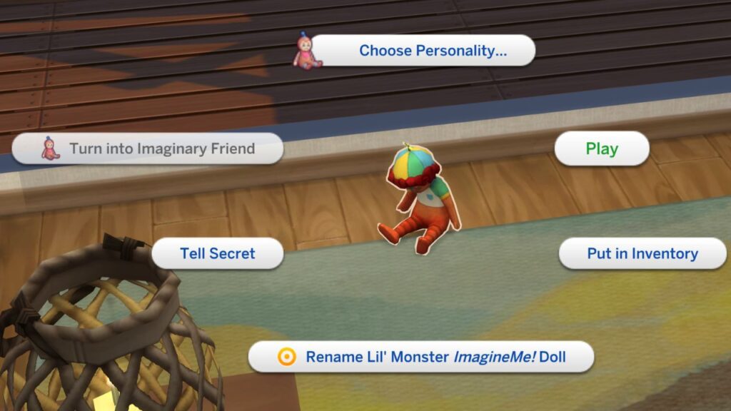 A screenshot from The Sims 4 showing the interactions with an imaginary friend 
