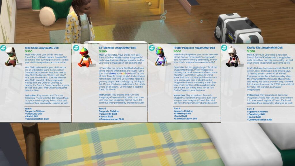A screenshot from The Sims 4 showing the four types of imaginary friend dolls you can buy 