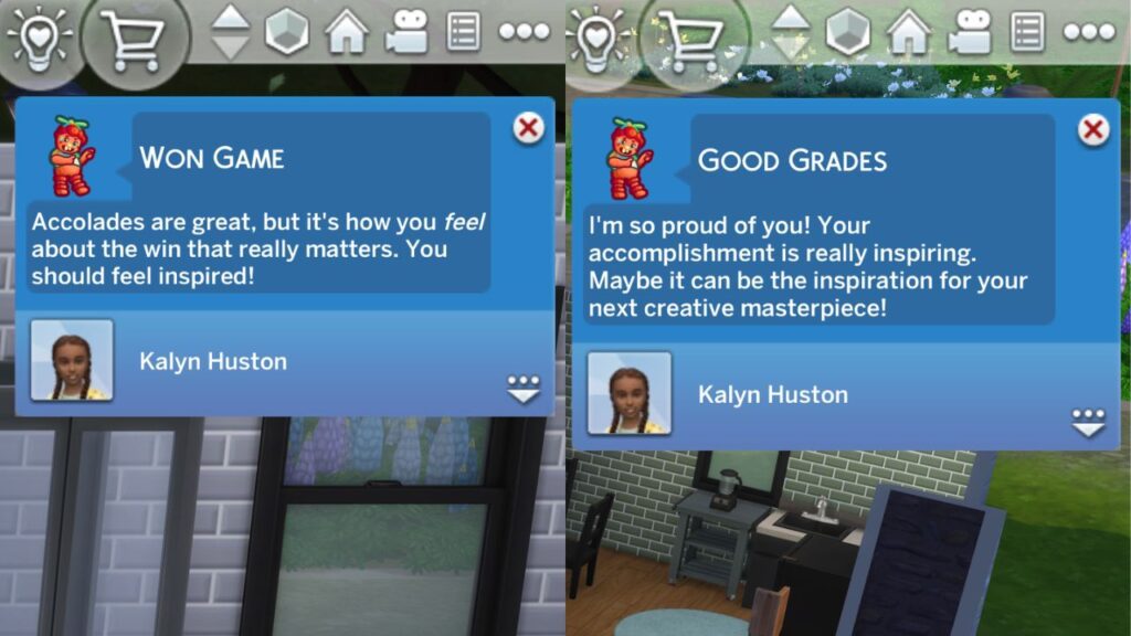 A screenshot from The Sims 4 showing some notifications you get when your imaginary friends gives you praise 