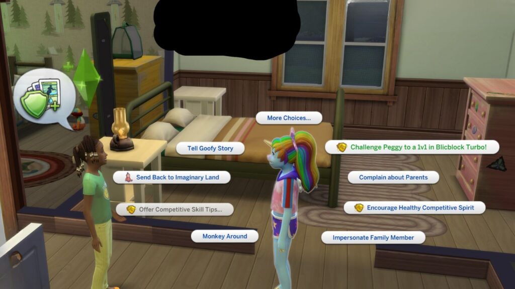 A screenshot from The Sims 4 showing some social interactions with an imaginary friend 