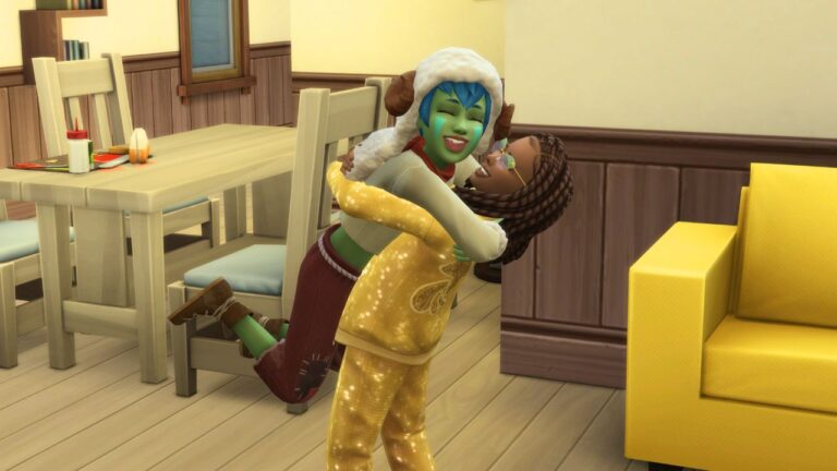 A screenshot from The Sims 4 showing a sim cuddling their imaginary friend
