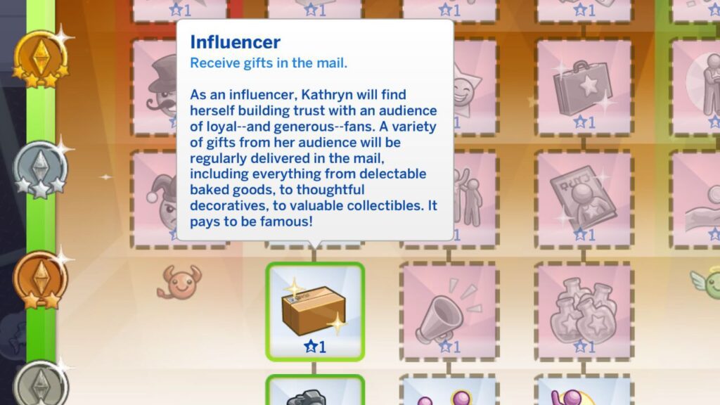 A screenshot from The Sims 4 showing the influencer perk for celebrities