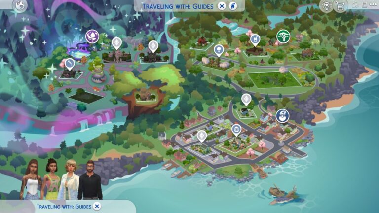 A screenshot from The Sims 4 showing the map of Innisgreen