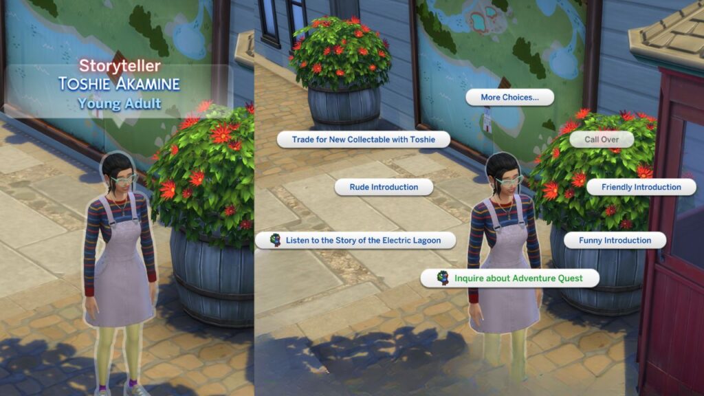 A screenshot from The Sims 4 showing how to inquire about adventure quest