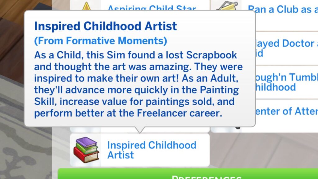 A screenshot from The Sims 4 showing the inspired childhood artist trait from formative moments